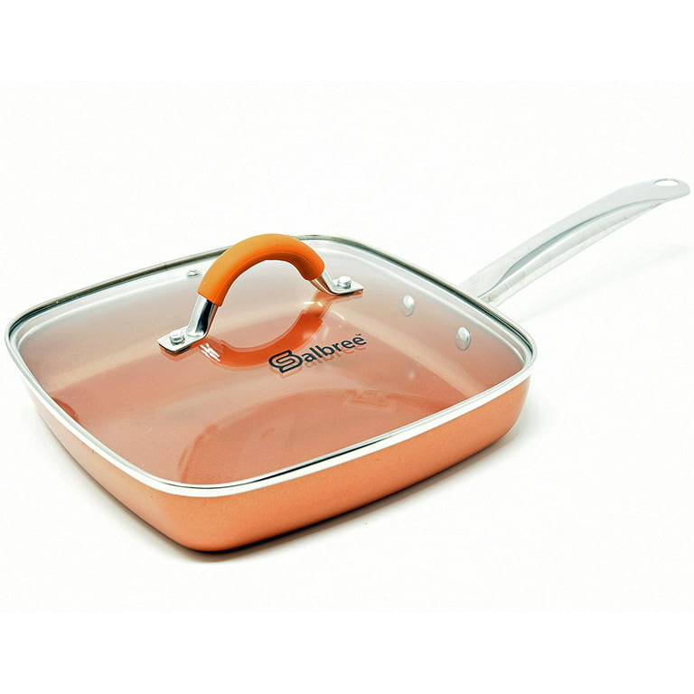 Red Copper 9.5” Square Copper Frying Pan Cookware Nonstick Skillet w/ Glass  Lid