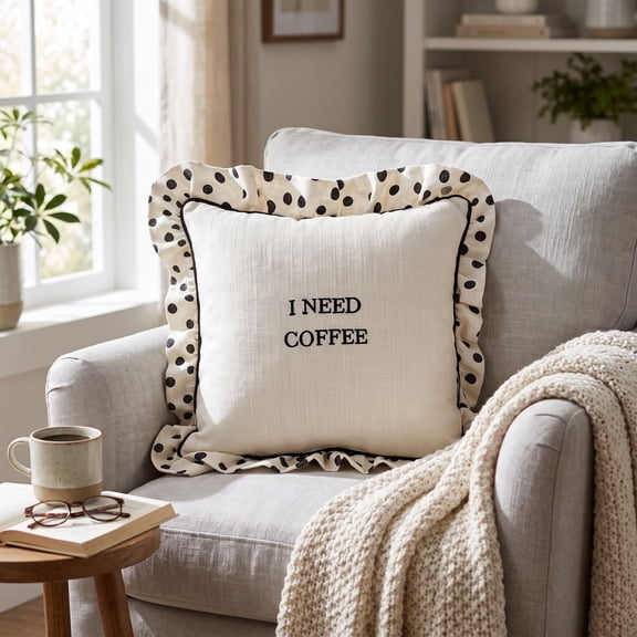 Yardvibe Scalloped Pillow, 13.8"x13.8" Black Dot Decorative Pillow, I Love Coffee Design, Versatile Cushion for Couch Living Room Cushion Indoor Outdoor Decoration