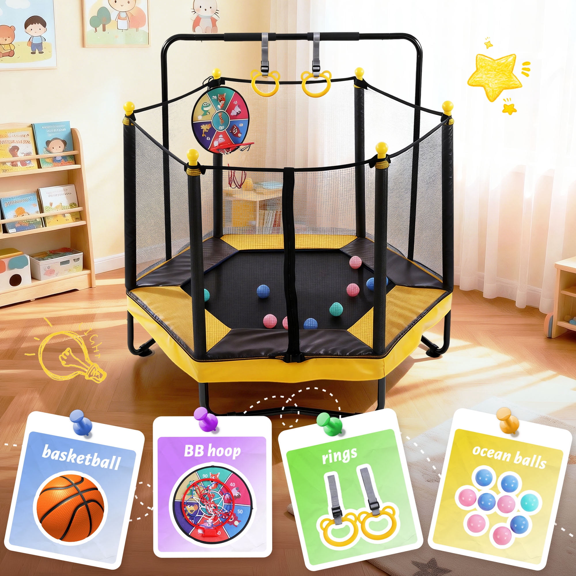 54" Kids Trampoline with Swing, Horizontal Bar, SEGMART 4-in-1 Oval Toddler Trampoline with Enclosure Safety Net, Outdoor Indoor Backyard Recreational Trampoline for Kids, Toddlers, Baby