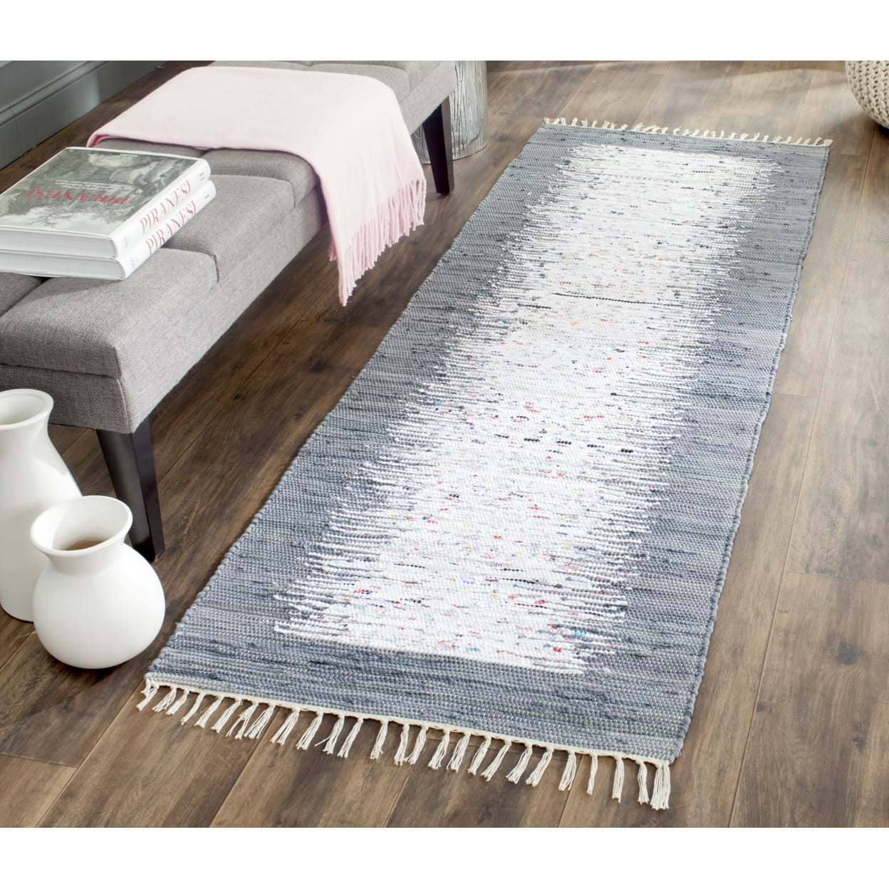 SAFAVIEH Montauk Tennyson Braided Border Cotton Runner Rug, Ivory/Grey, 2'3" x 6'