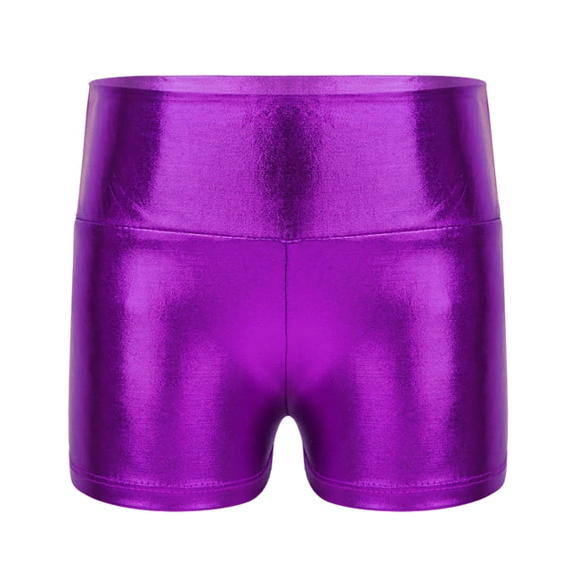 TiaoBug Kids Girls Metallic Shiny Stretch High Waisted Athletic Booty Dance Shorts Purple 16