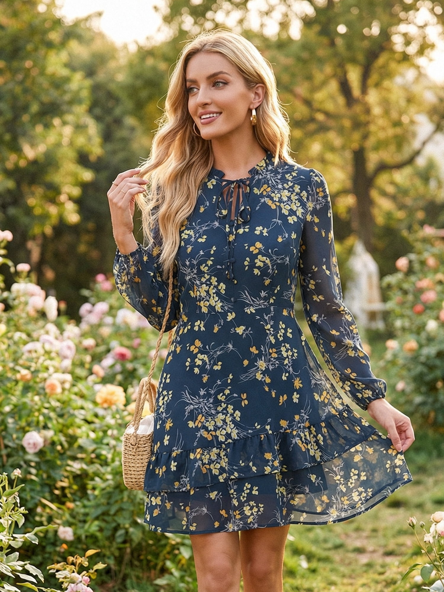 DARING DIVA Women's Layered Tiered Semi Sheer Chiffon Mini Dress M Dark Blue