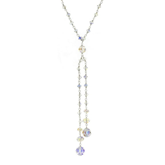 1160 Jewelry Sterling Silver Austrian Crystal Aurora Borealis Rosary Linked Necklace with Double Tassel Center Drop, 28"