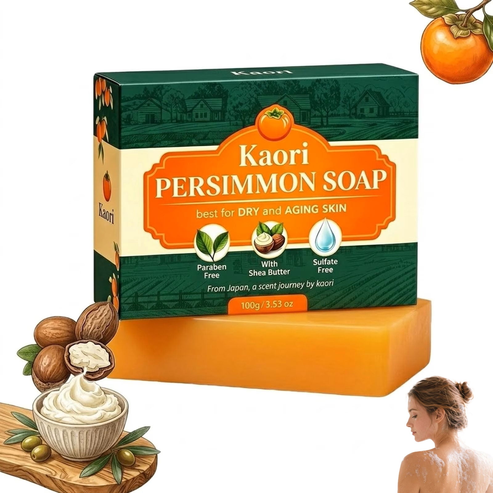 kaori Persimmon Deodorizing Cleansing Soap—a natural deodorizing bath soap; formulated with Japanese persimmon and green tea extracts to gently care for the skin of both men and women (single bar).