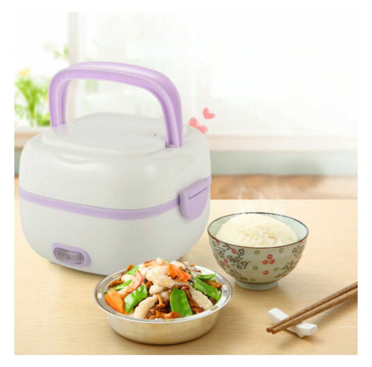 ZHOUJIA 200W Purple Mini Multifunctional Electric Lunch Box Mini Rice Cooker Steamer