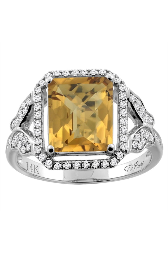 14K White Gold Natural Whisky Quartz Ring Octagon Shape 10x8 mm Diamond Accents, size 8.5