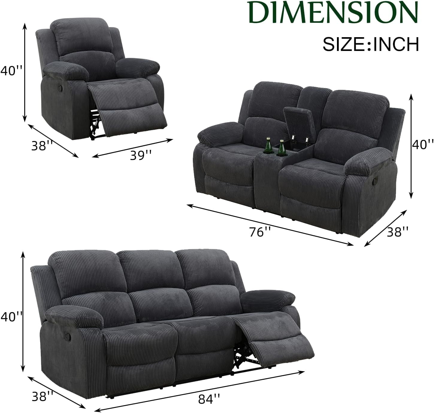 Golden Furniture Recliner Sofa Set, Fabric Reclining Sofa Set for Living Room Furniture Sets, Drak Gray Recliner Couch Set for Living Room/Office/Theater Seating
