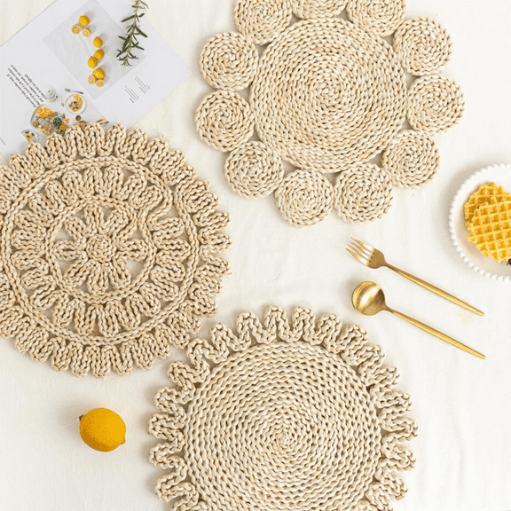Round Woven Placemats 13.8 inch Set of 3 Boho Rattan Placemats Natural Water Hyacinth Placemat, Farmhouse Weave Place Mats, Rustic Braided Wicker Table Mats for Dining Table,Home,Wedding