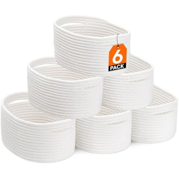 Lifewit 6 Pack Woven Baskets for Storage, Cotton Rope Baskets Cube Storage Bins, Cute Small Shelf Baskets for Organizing, Round Storage Box Caddy for Closet, Living Room, Bedroom, Playroom, White