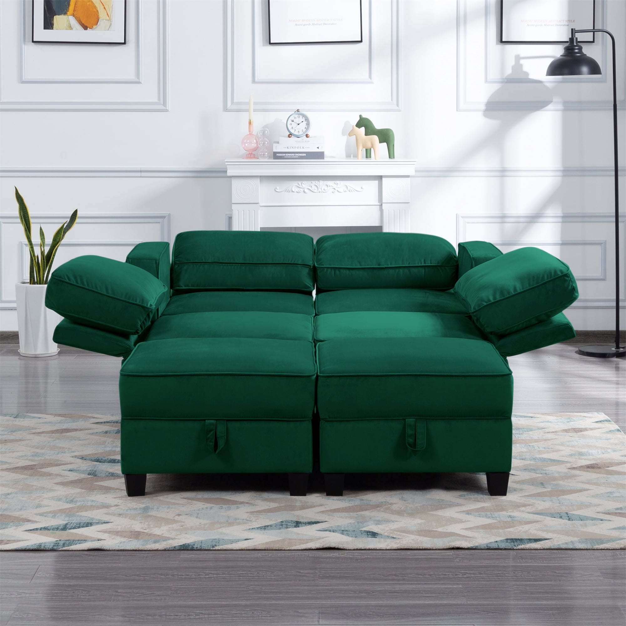 Aukfa 116" Velvet Storage Sectional Couch for Living Room, Modular Sleeper Sofa U-Shaped Sofa, Green