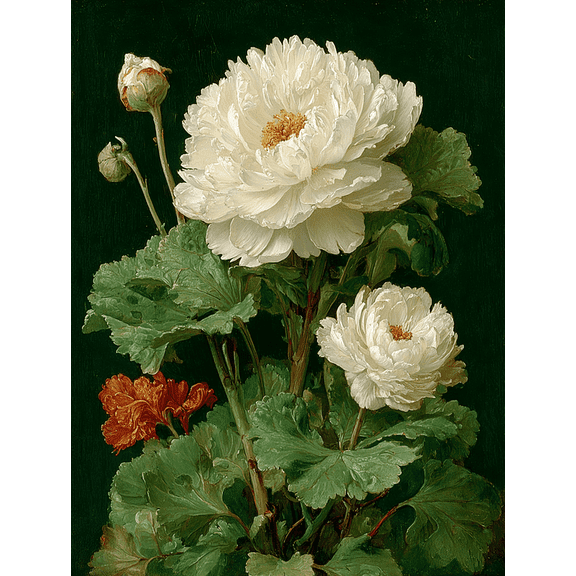 Black Background White Floral Botanical Canvas Print, Victorian Garden Antique Art, Bedroom & Conservatory Wall Decor