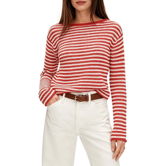 Women's Boat Neck Striped Open Knit Relaxed Fit Pullover Sweater Red S