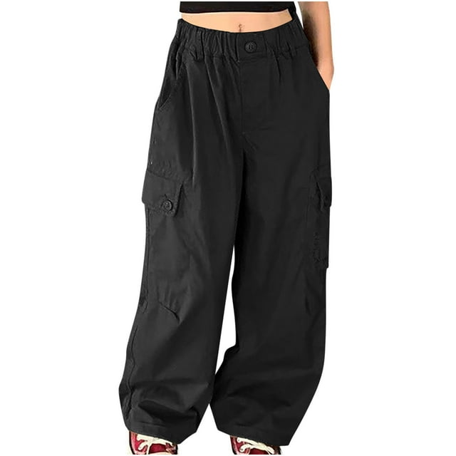 aidice Teen Girls Clothes Cargo Pants Button Elastic Waisted Straight Leg Solid Color Loose Pant with Multi Pockets