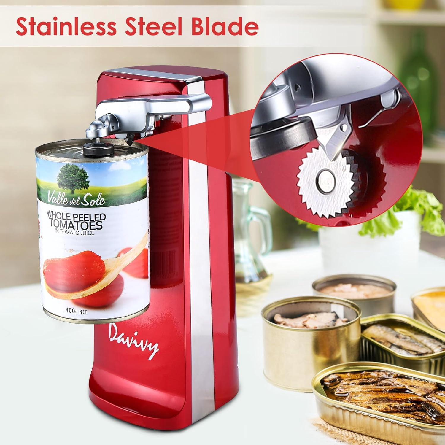 Davivy Electric Can Opener, 3-in-1 Design with Knife Sharpener & Bottle Opener, Red