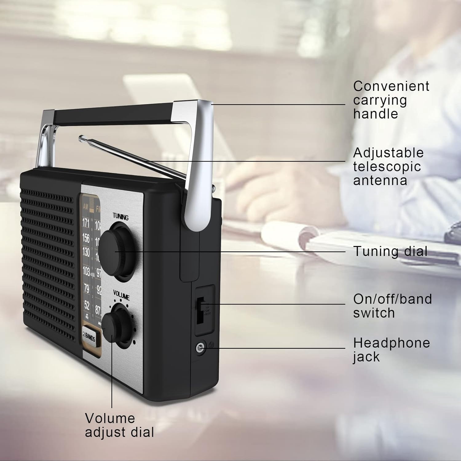 AM FM Radio with Best Reception, Portable Battery Operated Transistor Radios, Headphone Jack, AC Powered, Suit for Senior and Home, Black