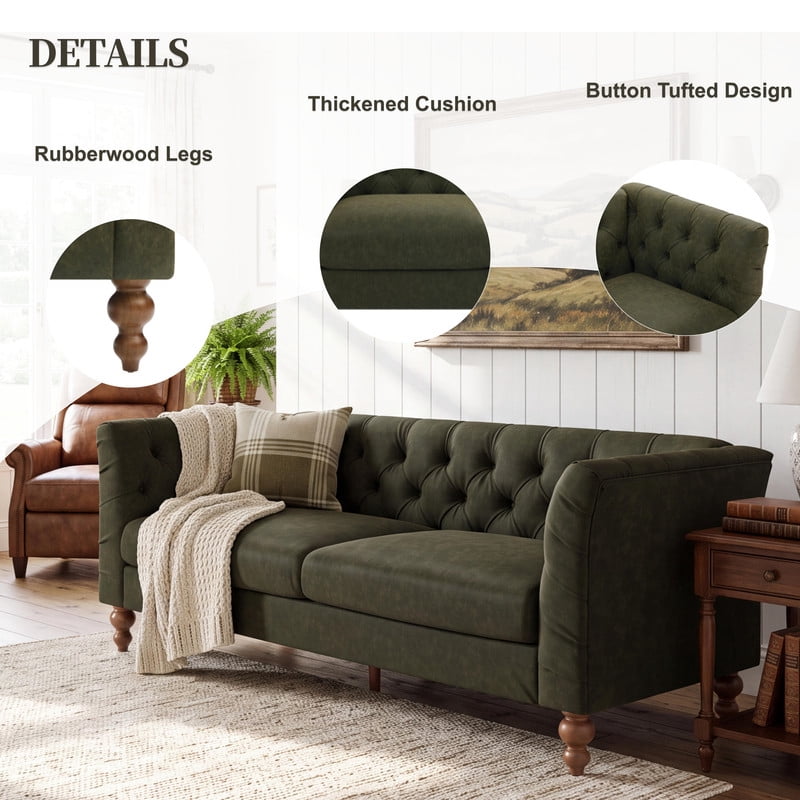 Chesterfield PU Leather 3-Seater Sofa, Upholstered Couch with Flared Arms, Tufted Back & Solid Rubber Wood Legs
