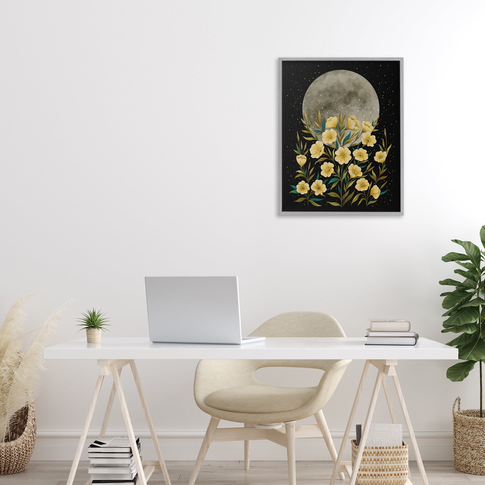 Stupell Industries Moon Greeting Yellow Flowers Gray Framed Giclee Art, design by Episodic Drawings