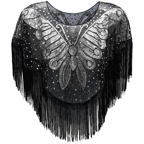 Women's Fringed Sequined Mesh Cropped Round Neck Shawl Casual Versatile Tassel Cape Small Outer Wear Wrap Silver