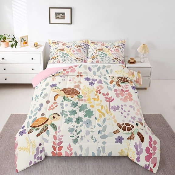 Sea Turtle Twin Comforter Set,Colorful Flower Turtle Bedding Set,Marine Ocean Life Nautical Quilt Bed Set Watercolor Floral Leaf Bed Comforter