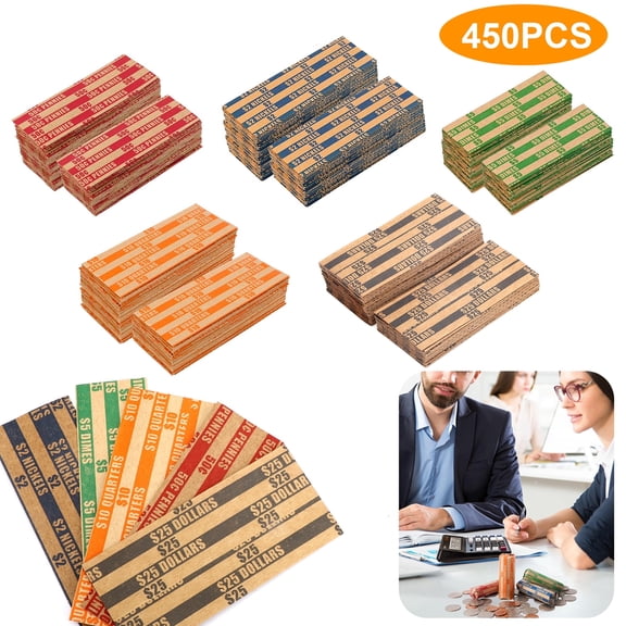 450pcs Assorted Coin Wrapper Rolls, EEEkit Coins Wrapping Tubes for Quarters, Pennies, Nickels, Dimes, Dollars
