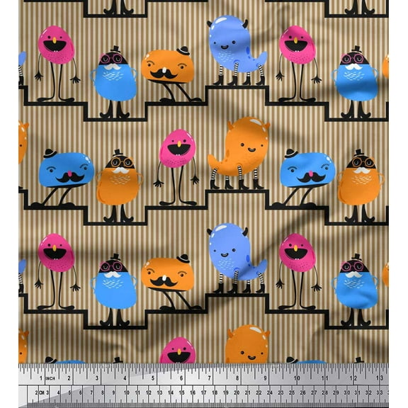 Soimoi Brown Cotton Voile Fabric Stripe & Monster Cartoon Printed Fabric 1 Yard 42 Inch Wide