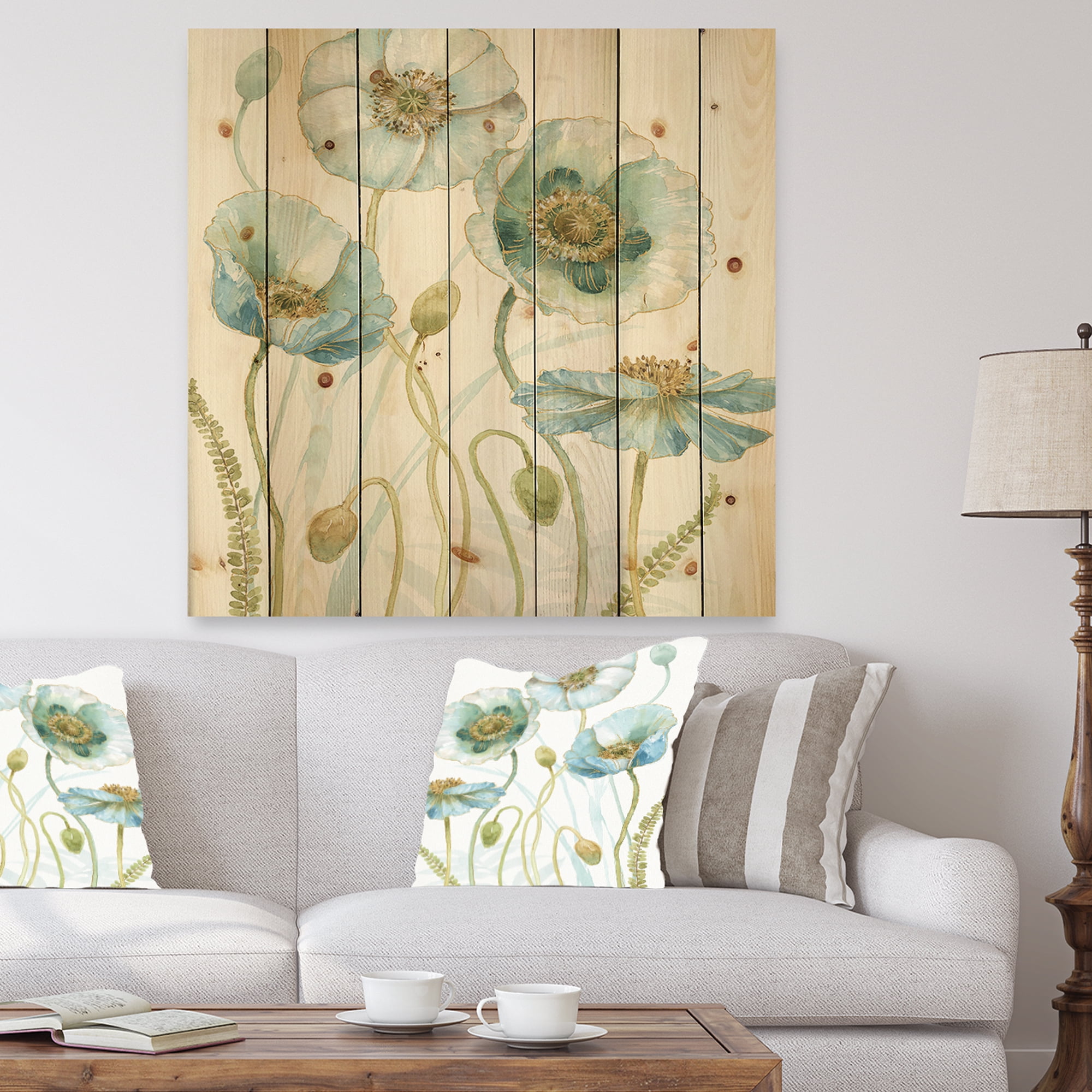Designart 'Abstract Blue Cottage Flowers Drawing I' Farmhouse Print on Natural Pine Wood