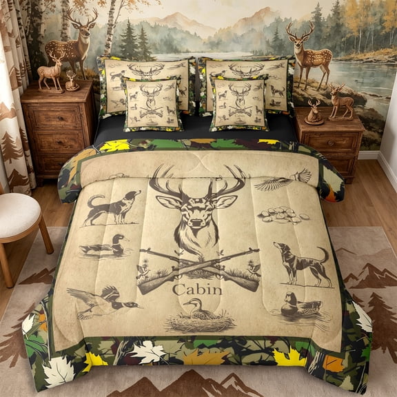 Castle Fairy Vintage Hunting Cabin Deer 7-Piece Twin Bedding for Teens,Rustic Hunting Dog Duck Bedding Comforter Set,Khaki Camo Green,Black Reversible