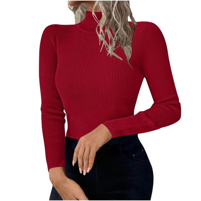Dagegui Turtleneck Sweater for Women Ribbed Long Sleeve Stretch Base Layer Top Slim Fit Knitted Pullover to Wear with Coat Red,L