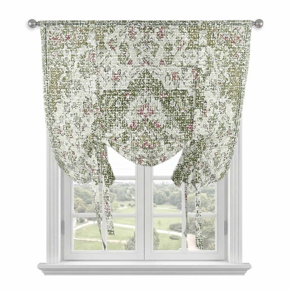Sage Green Boho Tie Up Curtains 45 Inches Long, Kitchen Window Curtains Over Sink, Vintage Abstract Art Ethnic Tribe Small Window Curtains Shade Balloon Curtains Valances for Bedroom/Cafe 34"x45"