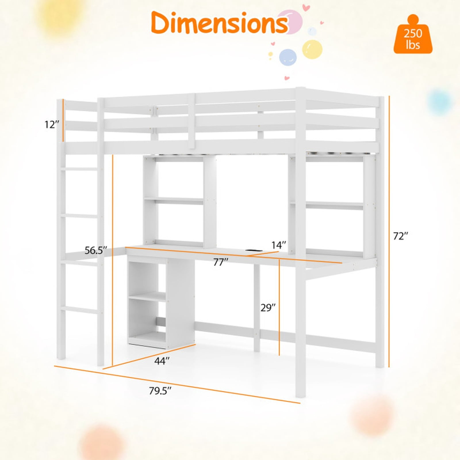 Furnibear Twin Loft Bed with Built In Desk LED Light Charging Station 2 Outlets USB Type C Ports Full Length Guardrails and 14 Plywood Slats, White