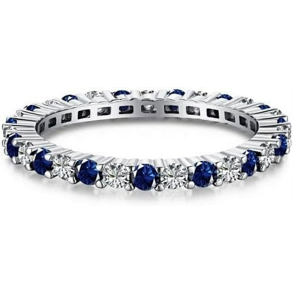Gems Jewels Women's 925 Sterling Silver 1.45 Ct Round Cut Blue Sapphire & Diamond Wedding Engagement Full Band Ring 14K White Gold Plated -7