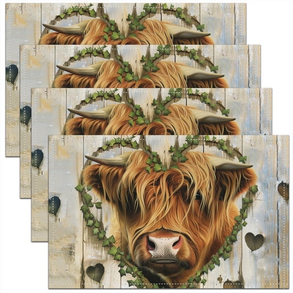 Highland Cow Placemats Set of 4 18"x12" Highland Cattle Placemat for Kitchen Dining Table Decor Indoor Outdoor Animal Table Place Mats Western Decor Decor Table Place Mats Light Brown