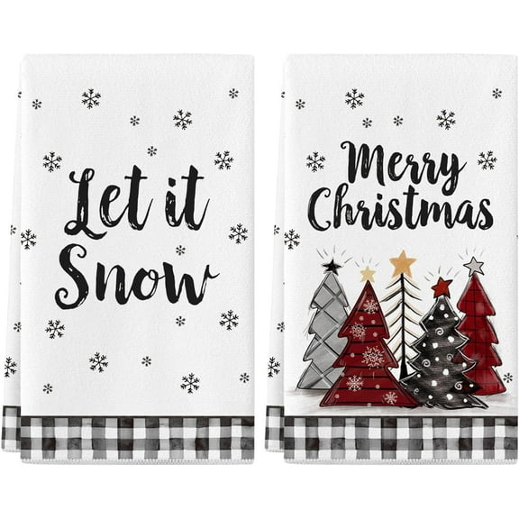 YIBAGA Christmas Kitchen Towels Set of 2, Buffalo Plaid Decor Dishcloth Winter, 18x26 inch, Polyester