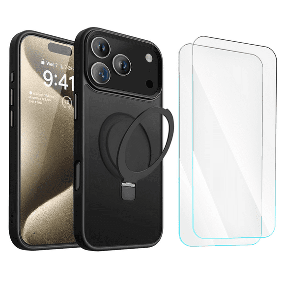 3-in-1 Entronix Bundle designed for iPhone 17 Pro Max, Magnetic Ring Case with Kickstand, 2 Tempered Glass