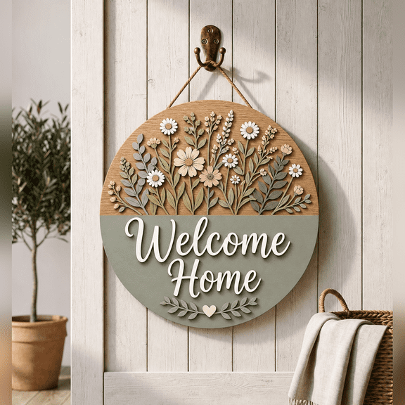 Round Wooden Door Hanger Minimalist Botanical Wood Front Door Welcome Sign for Farmhouse Entryway