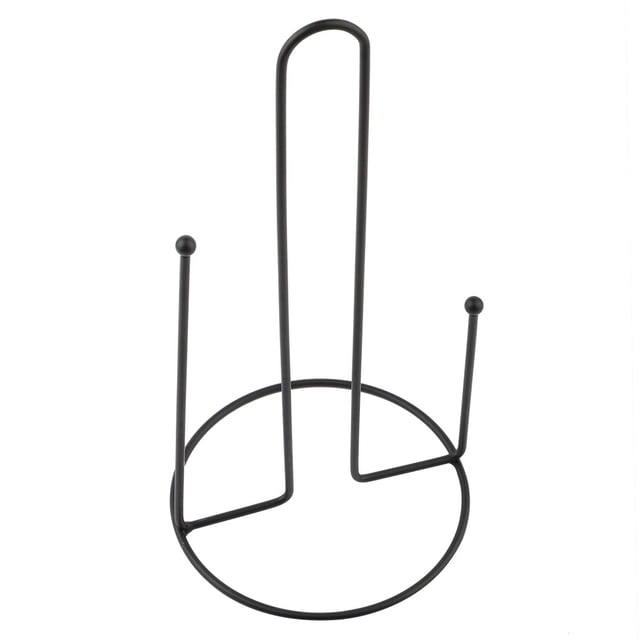 dispensador de cocina duradero para un uso sin esfuerzo soporte para toallas de papel con base estable negro, vista frontal centrada de soporte de varilla metálica con mango alto en arco, base circular y dos postes laterales con remates esféricos para sujetar rollos estándar o grandes; también suele usarse como soporte temporal para bolsas plegadas.