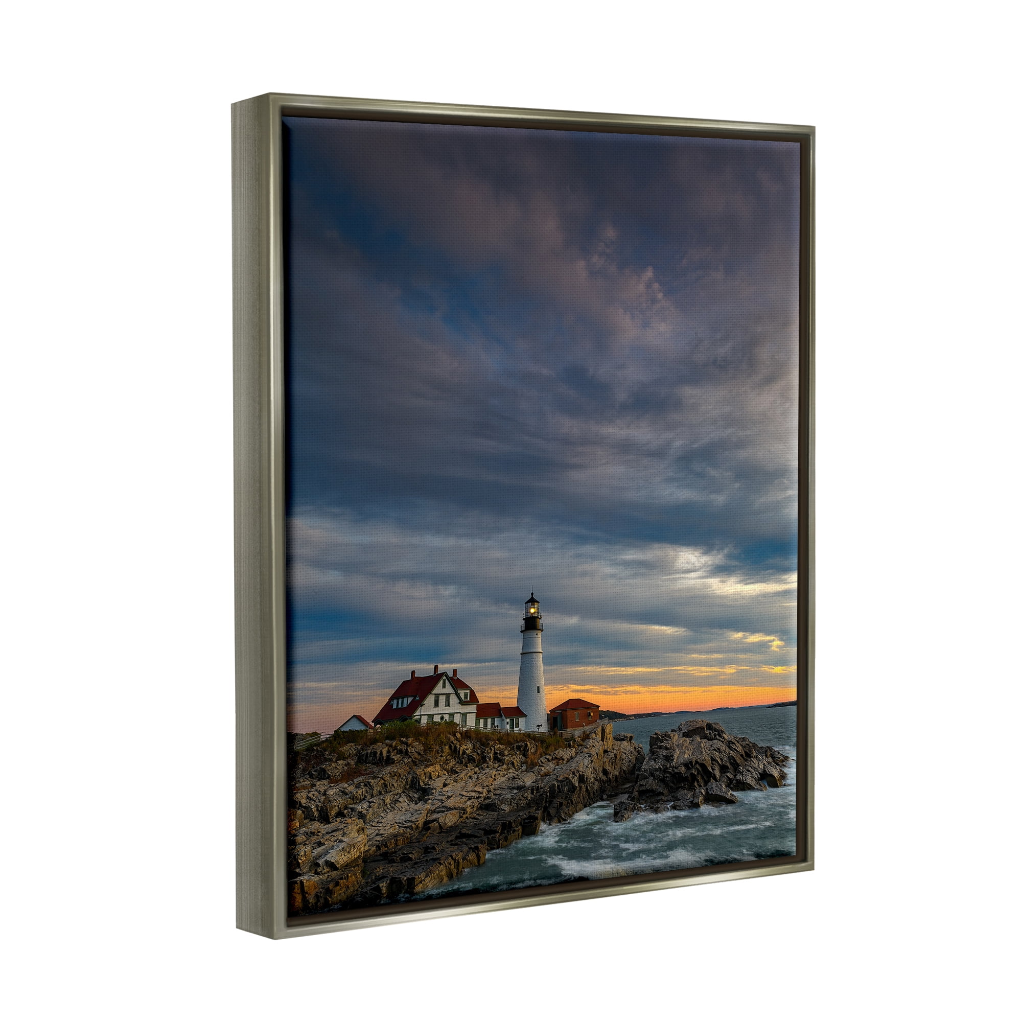 Stupell Seaside Lighthouse Beacon Coast Landscape Photography Gray Floater Framed Art Print Wall Art