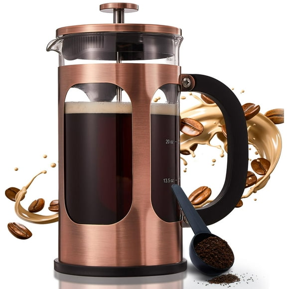 BAYKA Cafetera de prensa francesa de 34 onzas y 1 litro, prensa de café de acero inoxidable de vidrio de borosilicato espesado resistente al calor, cafetera fría, prensa de té para cocina, viajes, cam