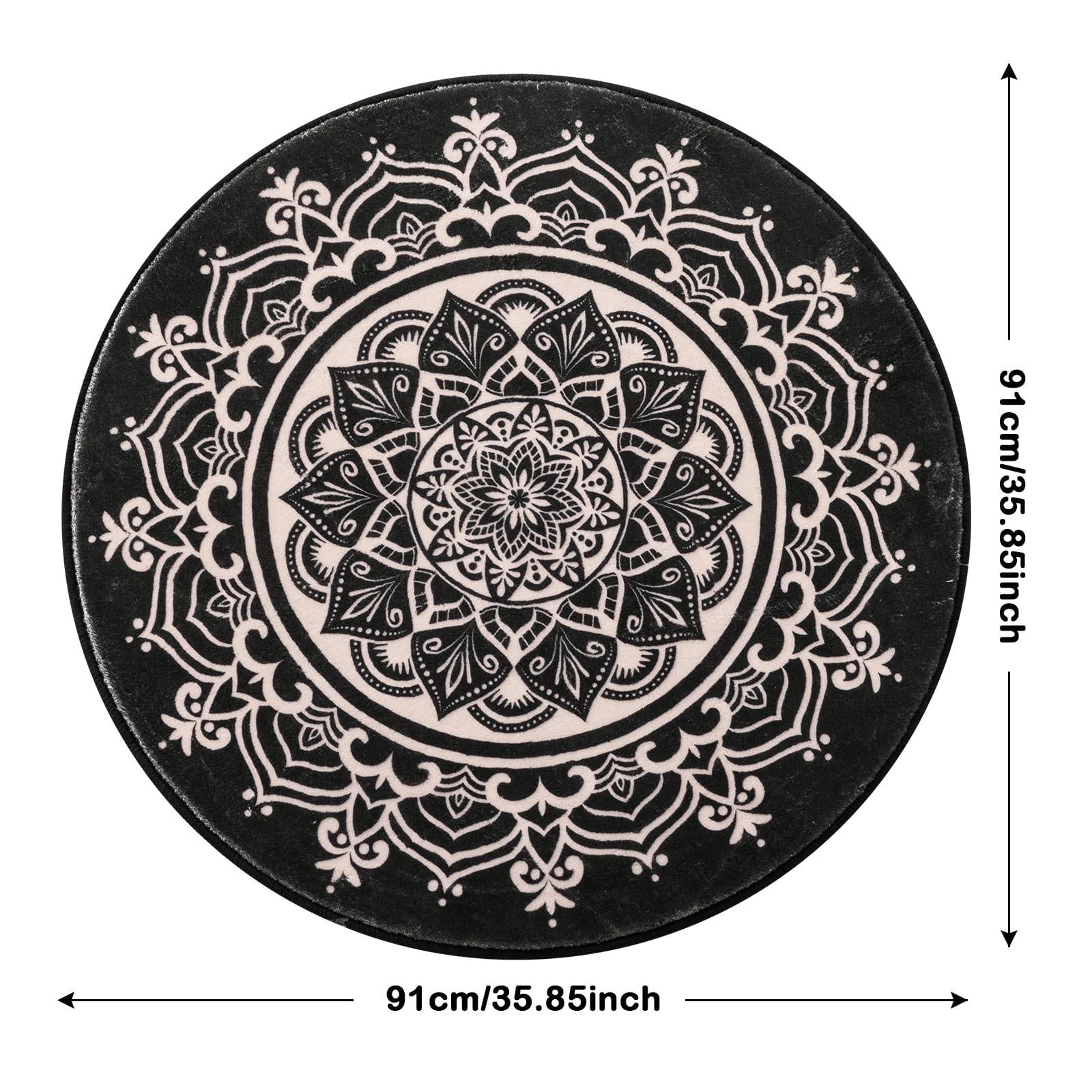 Carvapet Round Area Rug for Living Room, Non Slip Machine Washable Bathroom Rugs, Extra Soft Rugs for Bedroom, Boho Mandala Print Circle Rugs, 3ft Round Black