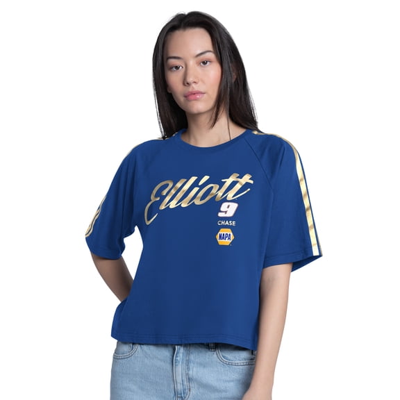 Women's G-III 4Her by Carl Banks Royal Chase Elliott Cropped Classic Play Gold Trim Raglan T-Shirt