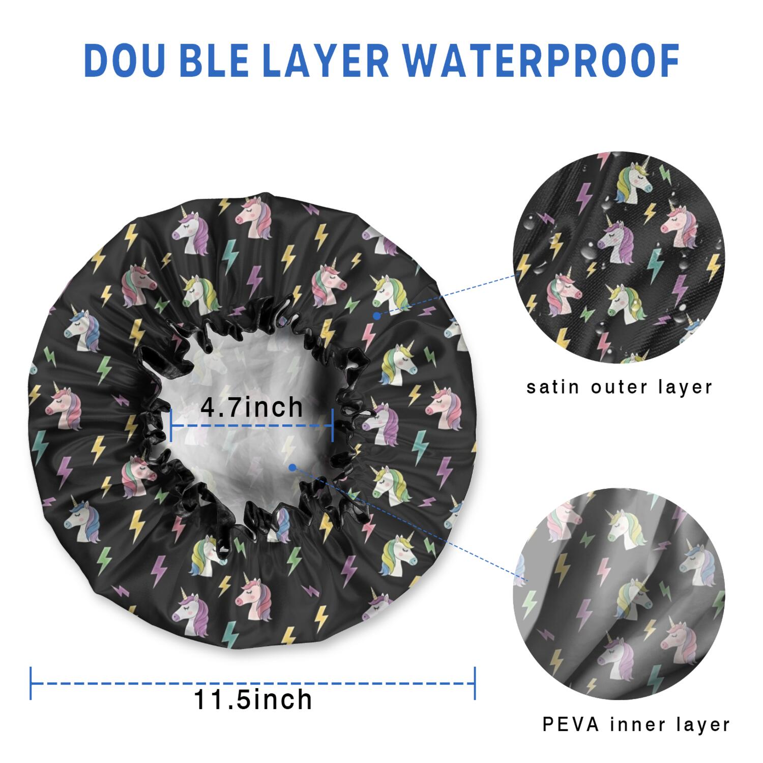 Shower Caps,Black Cartoon Unicorn Lightning Pattern Waterproof Shower Cap for Women 4 Pieces,Double Reusable Hair Cover for Shower PEVA Elastic Stretch Hem