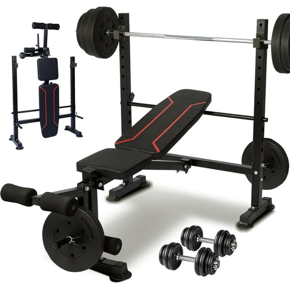 PUATUL Standard Weight Bench Set with Leg Extension and Leg Curl, Adjustable Bench Press Set with Squat Rack, Foldable Flat Incline Decline Workout Bench for Home Gym Full Body(US Stock)