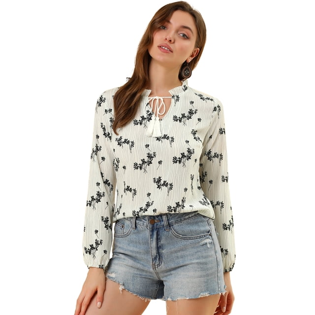 INSPIRE CHIC Blusa Estampado Floral Pajarita Cuello Con Volantes Manga Larga Top Para Mujer Blanco S