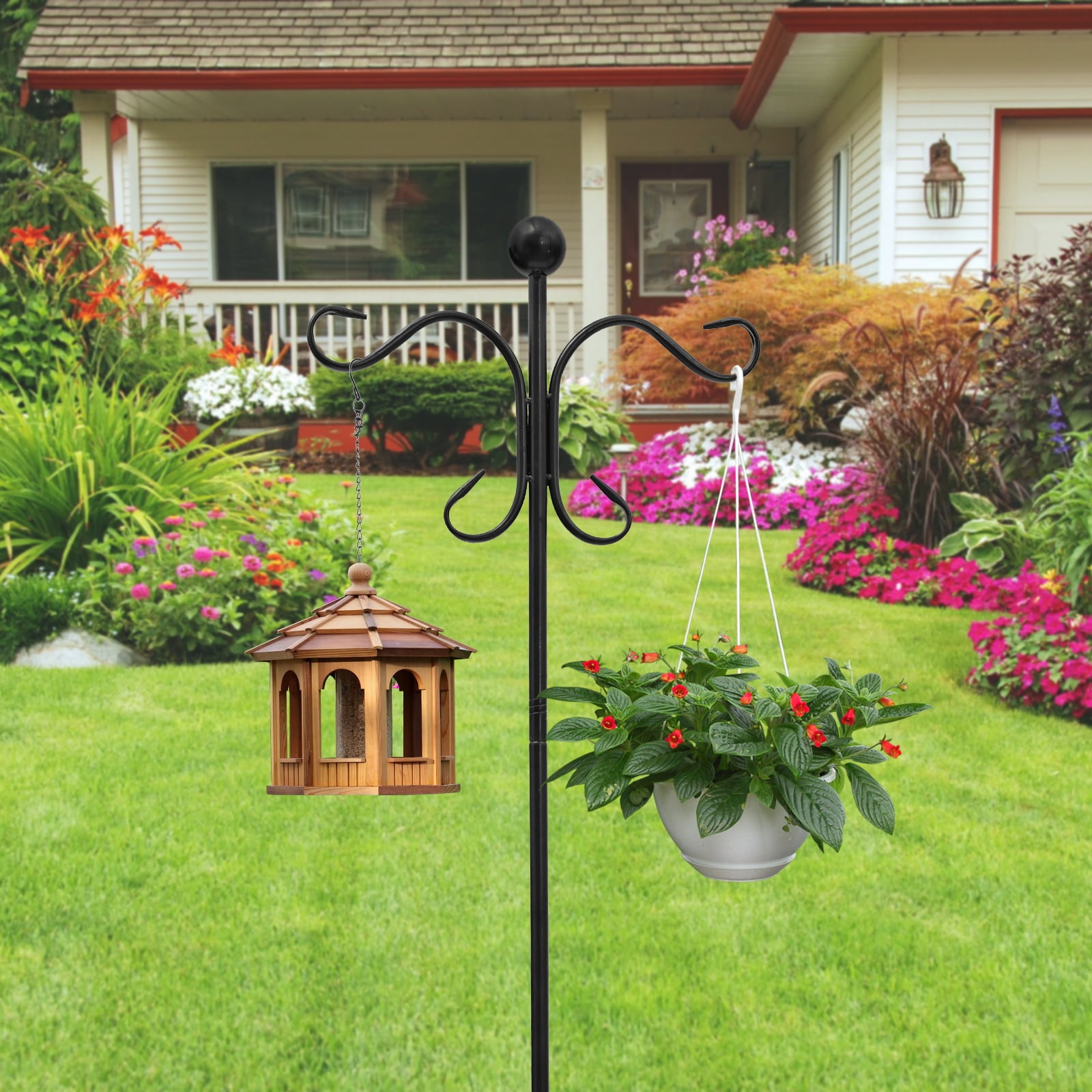Threns Shepherd Hook 78.35 Inches Iron Double Shepherd Hook with 5 Prong Base Adjustable Bird Feeder Pole for Hanging Basket Solar Lantern