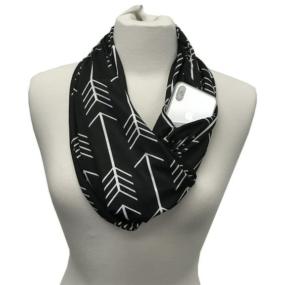 Pop Fashion Women's Infinity Scarf with Hidden Zipper Pocket & Pattern Print Arrow  (Black)