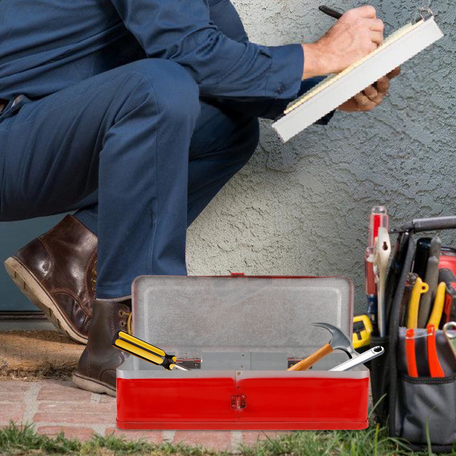 KALLORY Portable Red Metal Tool Box with Thickened Iron Material and Spacious Tool Storage