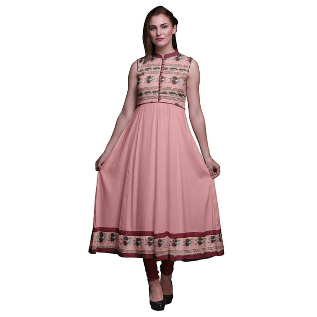 Bimba Kurti Longue Indienne Rose Saumon Floral pour Femmes Tenue de Fête Imprimée Sans Manches Robe Anarkali Kurti Moyen