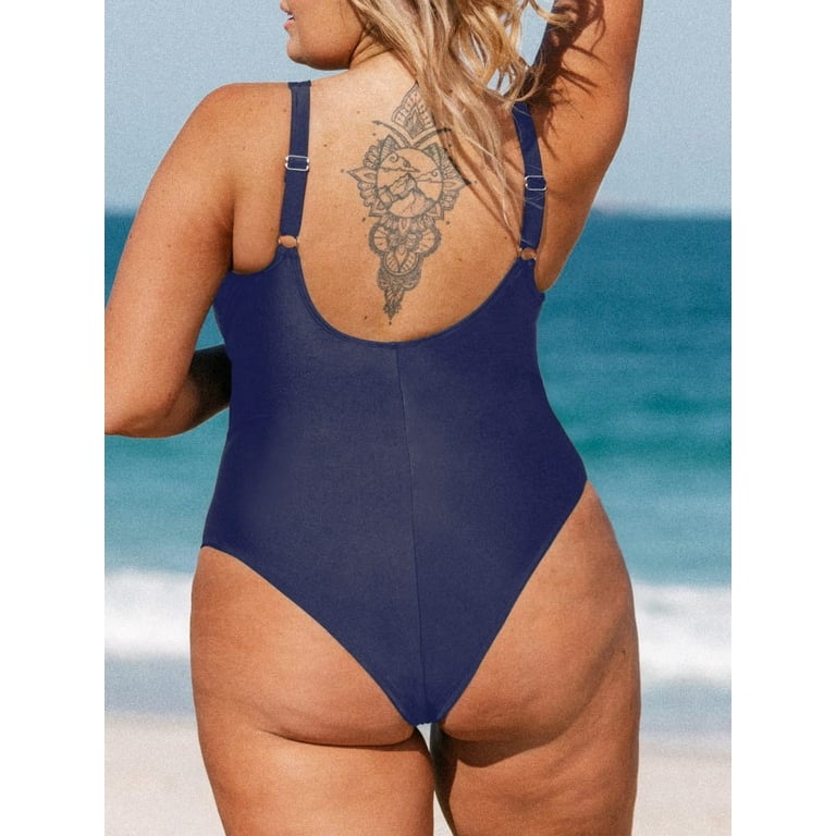 Cupshe Women Plus Size One Piece Swimsuit V Neck Mesh Sheer Tummy Control  Bathing Suit with Adjustable Wide Straps 