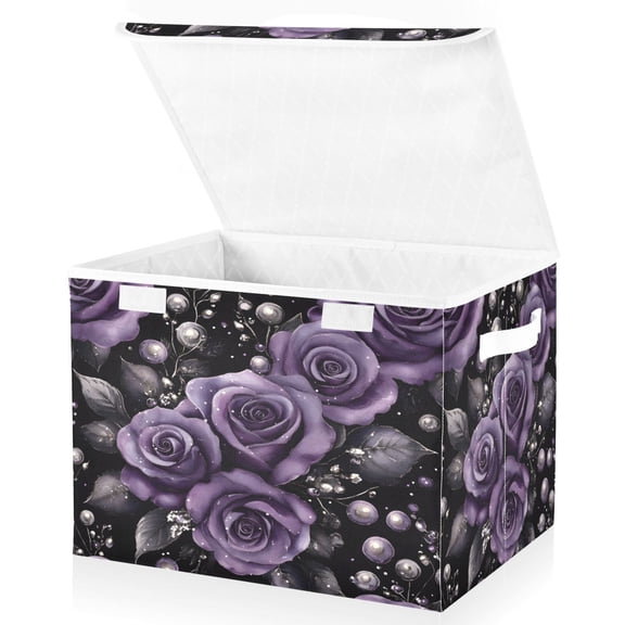 Yayeee Collapsible Cube Storage Bin with Lid Fabric Closet Decorative Basket with Handles, Purple Roses