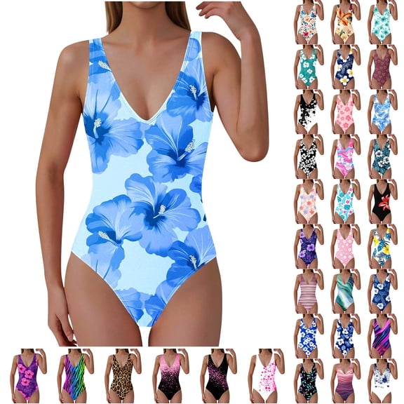 WNYEIME One Piece Swimsuits for Women Cute Summer Floral Print Deep V Neck Beach Push up Padded Bikini Sets Backless Tummy Control High Waist Bathing Suit Swimwear Multicolor#16 M
